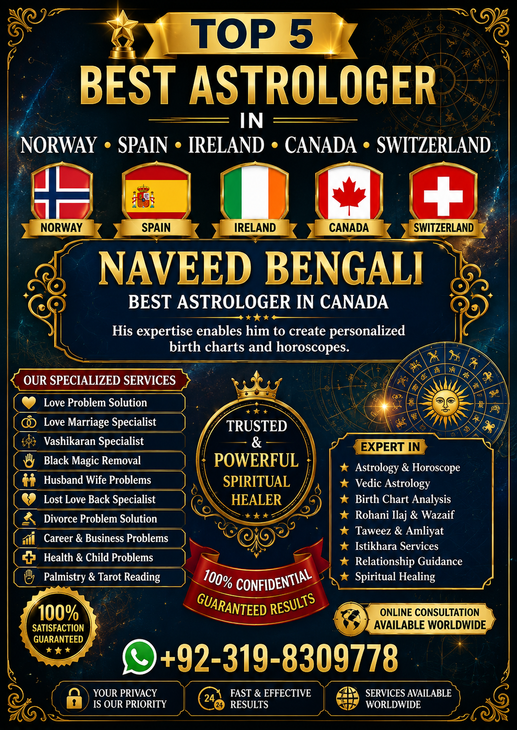 Top 5 best Astrologer in Norway Spain Ireland Canada Switzerland NAVEED BENGALI best astrologer in Canada.His expertise enables him to create personalized birth charts and horoscopes. +92-319-8309778